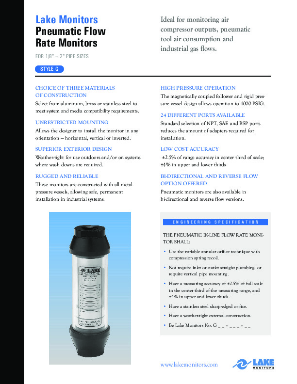 Pneumatic Data Flow Meters Inline Data Sheet