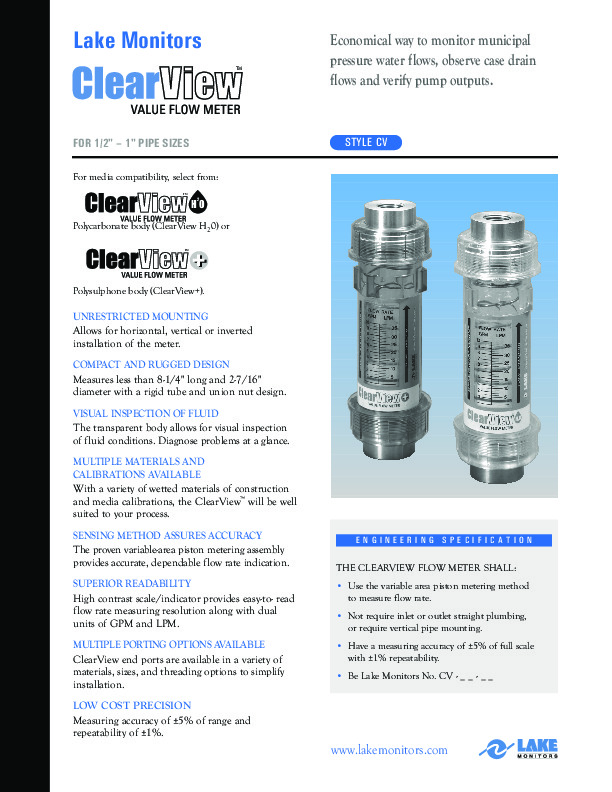 ClearView Data Flow Meters Inline Data Sheet