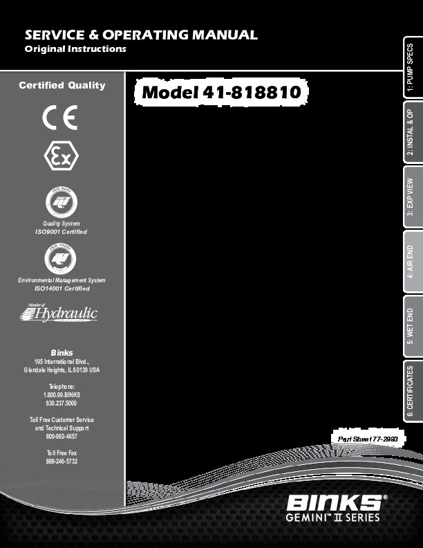Binks 1.5 Stainless Steel Diaphragm Pump Model 41-818810 Manual 77-2993