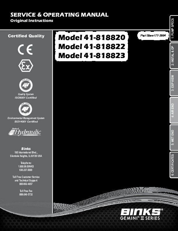 Binks 1 inch Aluminium Model 41-818820, 1 inch Stainless 41-818822, 41-818823 Diaphragm Pump Manual 77-2994
