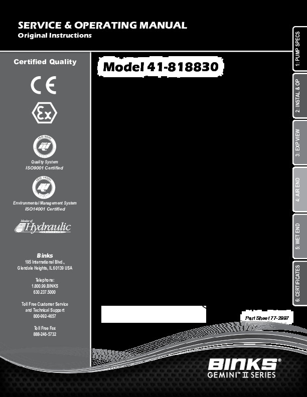 Binks .5 Stainless Steel Diaphragm Pump Model 41-818830 Manual 77-2997
