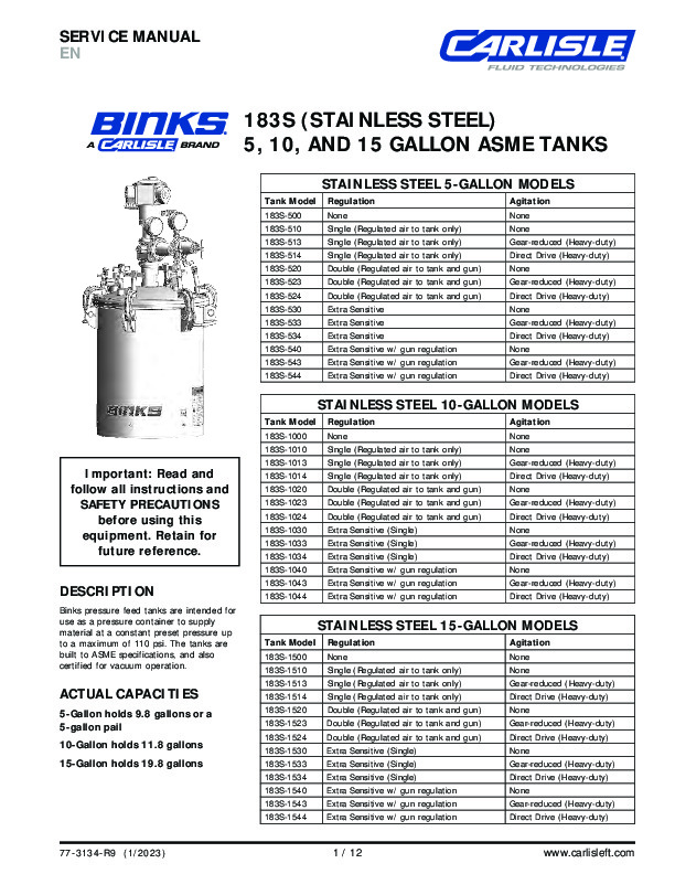 183S (STAINLESS STEEL)  5, 10, AND 15 GALLON ASME TANKS