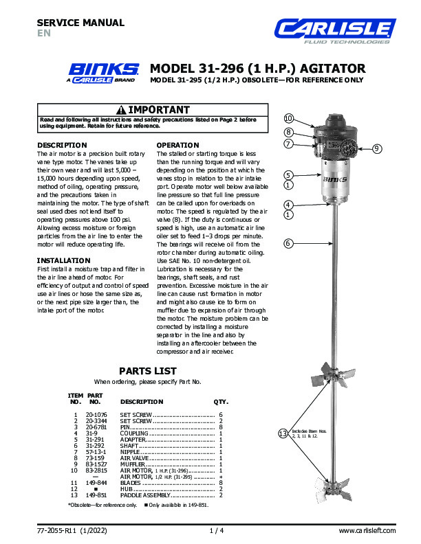 MODEL 31-296 (1 H.P.) AGITATOR