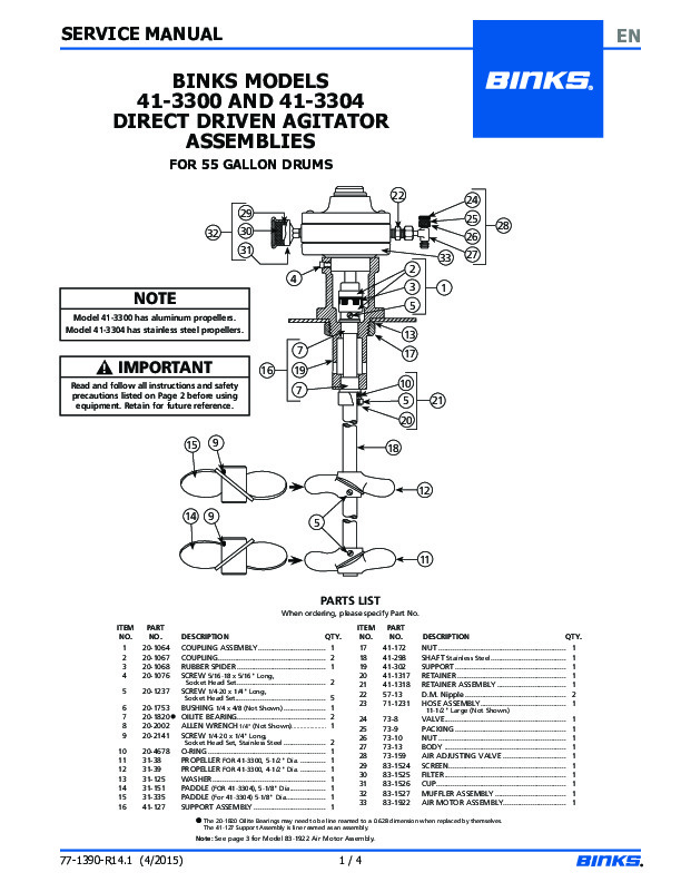 BINKS MODELS  41-3300 AND 41-3304  DIRECT DRIVEN AGITATOR  ASSEMBLIES FOR 55 GALLON DRUMS