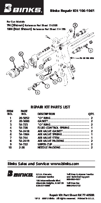 Binks Model 7N Gun Service Kit 77-4050R