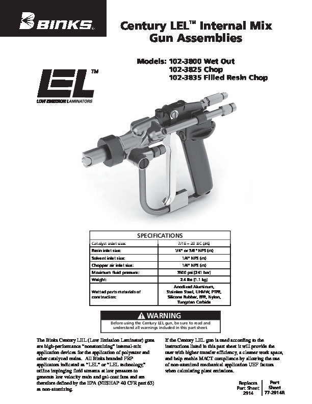 Binks Century LEL Internal Mix Gun Assemblies 77-2914R