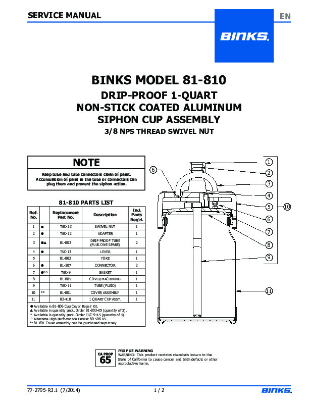 BINKS MODEL 81-810DRIP-PROOF 1-QUARTNON-STICK COATED ALUMINUMSIPHON CUP ASSEMBLY