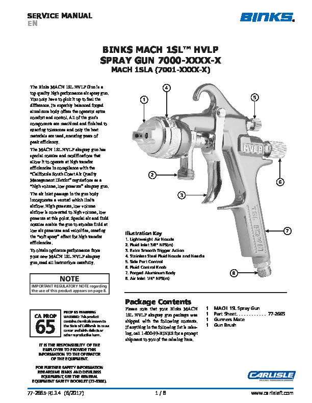 BINKS MACH 1SL™ HVLPSPRAY GUN 7000-XXXX-XMACH 1SLA (7001-XXXX-X)