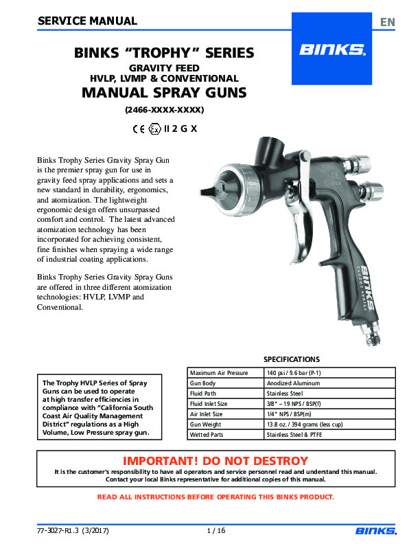 BINKS “TROPHY” SERIES GRAVITY FEED HVLP, LVMP & CONVENTIONAL MANUAL SPRAY GUNS