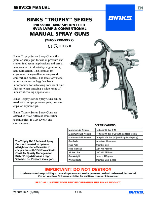 BINKS “TROPHY” SERIES PRESSURE AND SIPHON FEED HVLP, LVMP & CONVENTIONAL MANUAL SPRAY GUNS