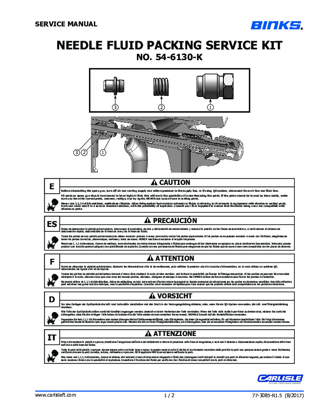 BINKS "TROPHY NEEDLE FLUID PACKING SERVICE KIT NO. 54-6130-K