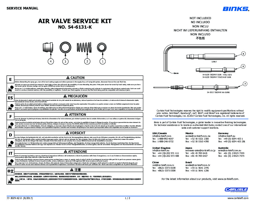 BINKS "TROPHY" AIR VALVE SERVICE KIT NO. 54-6131-K