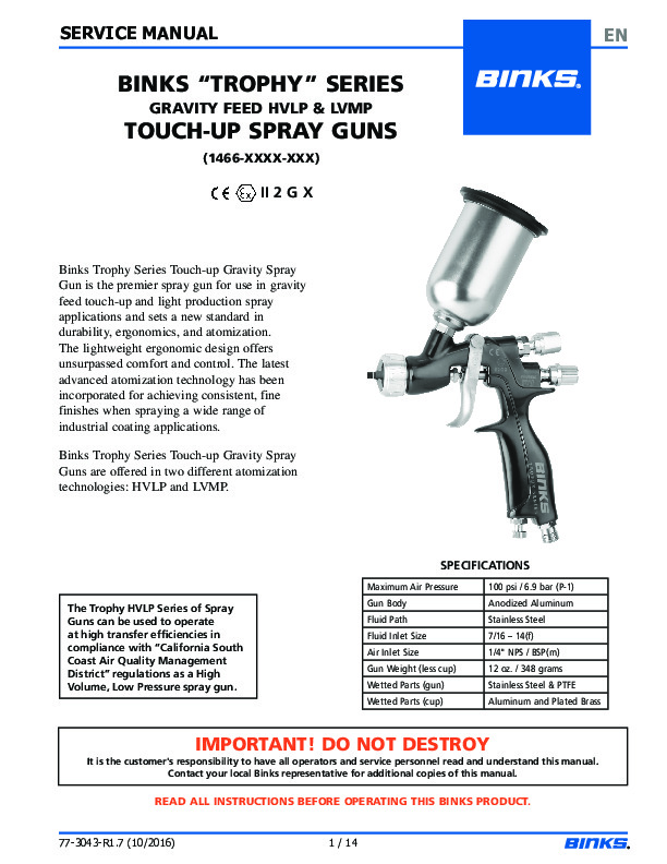 BINKS “TROPHY” SERIES GRAVITY FEED HVLP & LVMP TOUCH-UP SPRAY GUNS