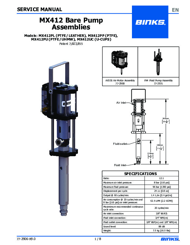 MX412 Bare Pump Assy Service 77-2906-R9.0