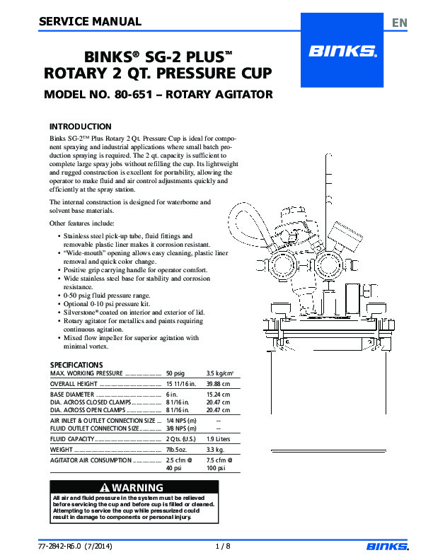 Binks SG-2 Plus Steadi-Grip 2 Qt. Pressure Cup ROTARY AGITATOR 77-2842-R6.0