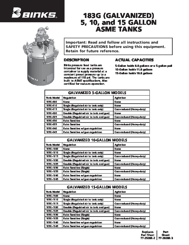 Binks 183G 5 10 and 15  Gal Pressure Pot 77-2928R-3