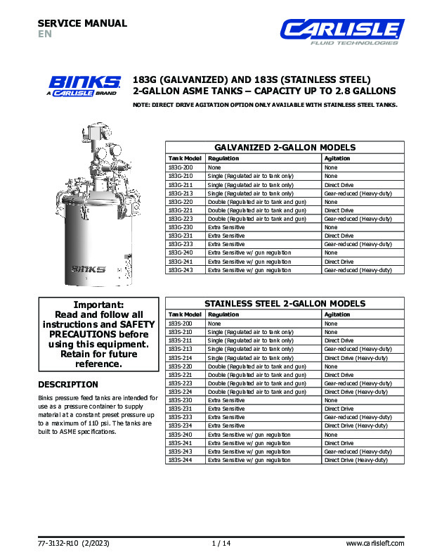 Binks 183G and S 2 Gal Pressure Pot 77-3132-R10