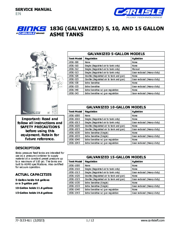 Binks 183G 5 10 and 15  Gal Pressure Pot WITH AGITATOR 77-3133