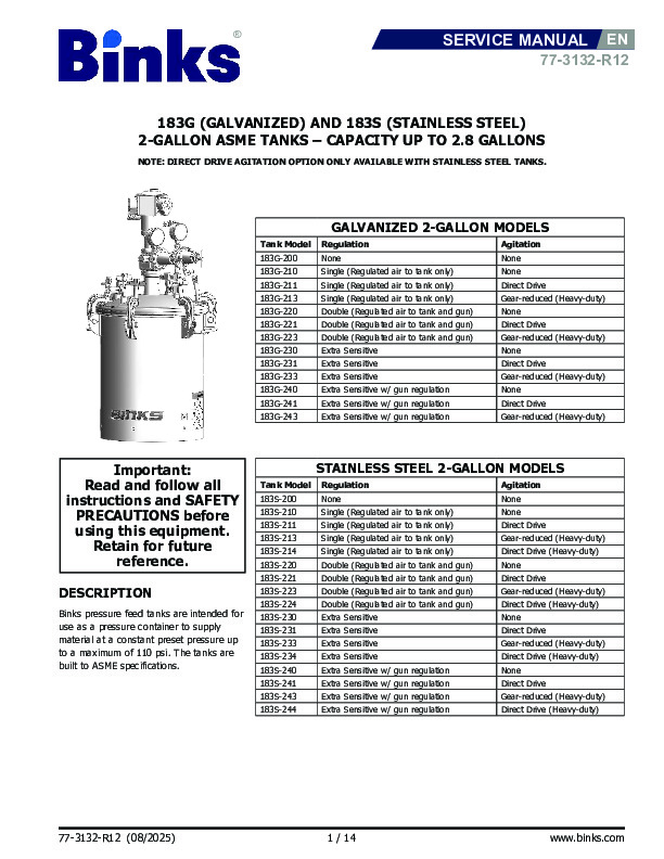 Binks 183S 2 Gal Pressure Pot 77-3132