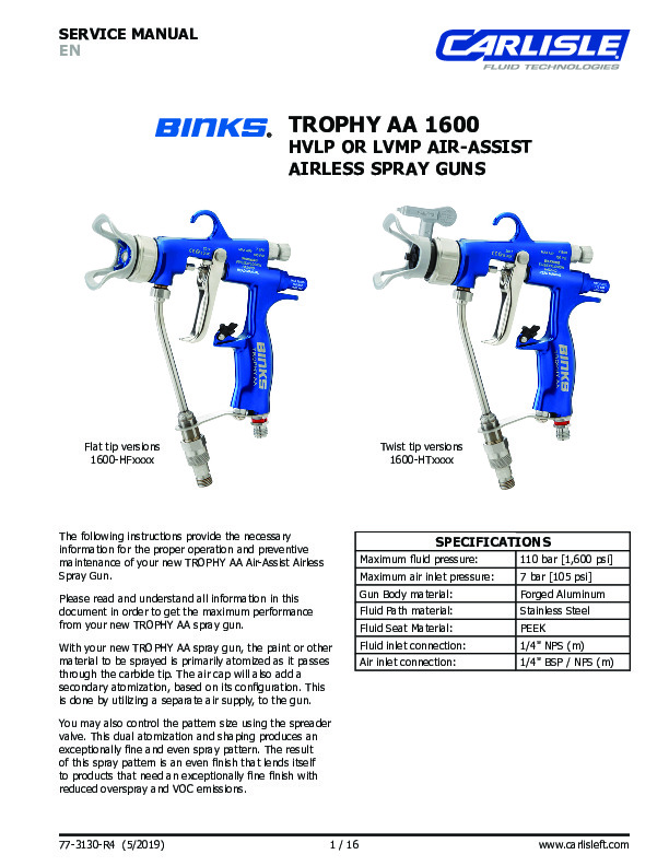 Binks Trophy AA 1600 Service Manual