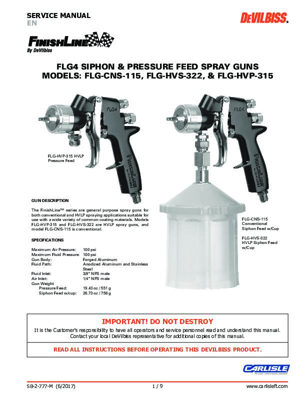 FLG4 SIPHON & PRESSURE FEED SPRAY GUNS
MODELS: FLG-CNS-115, FLG-HVS-322, & FLG-HVP-315