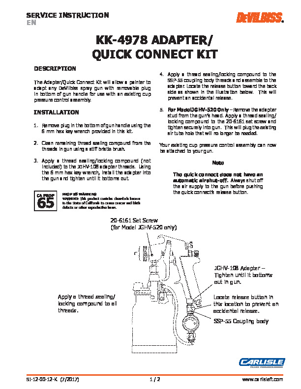 KK-4978 ADAPTER/
QUICK CONNECT KIT