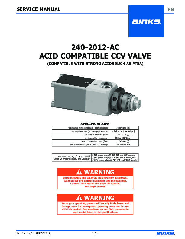 Binks Ransburg Acid Compatible HP CCV Valve
