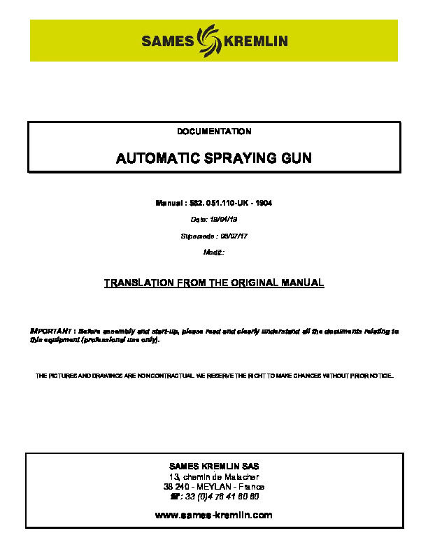 400 AUTOMATIC SPRAYING GUN  Manual : 582. 051.110-UK - 1904 