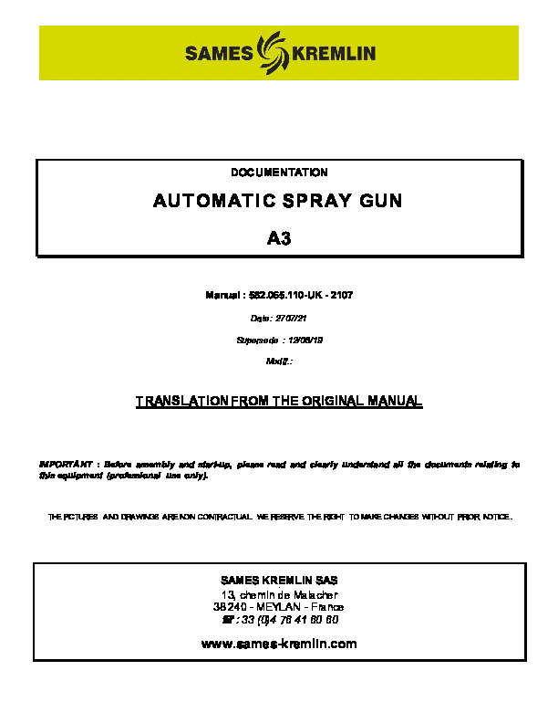 AUTOMATIC SPRAY GUN  A3  Manual : 582.065.110-UK - 2107 