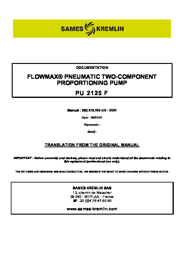 PU 2125 F FLOWMAX® PNEUMATIC TWO-COMPONENT  PROPORTIONING PUMP 