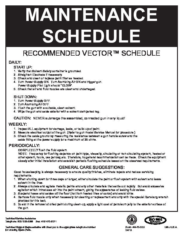 Vector Maintenance Schedule (Serv. Ins. AH-75-02.3)