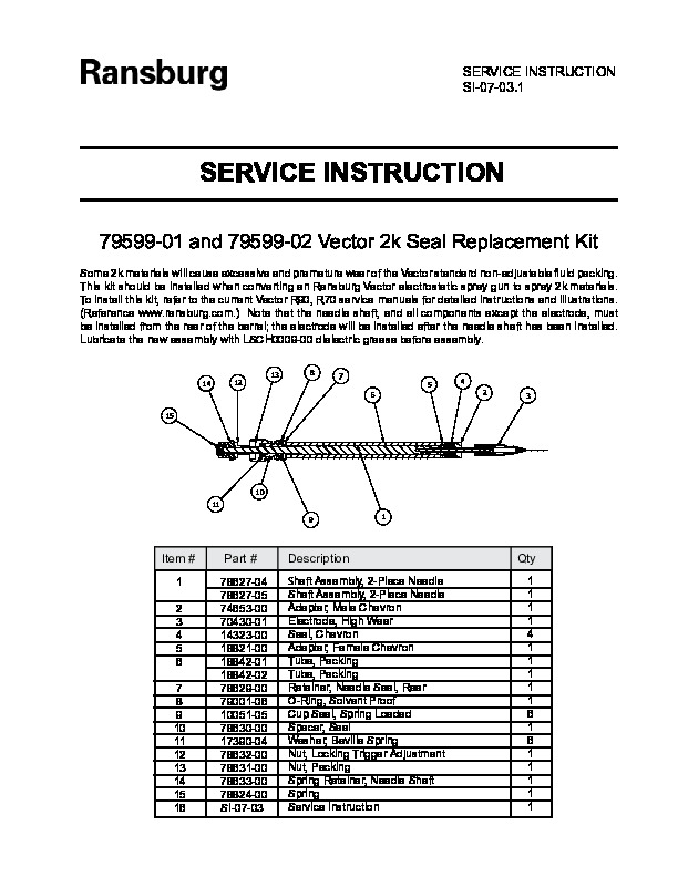 Vector 2k Seal Replacement Kit (Serv. Ins. SI-07-03.1)